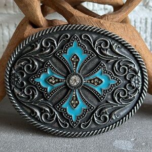 Gorgeous embellished cross belt buckle.  Blue.